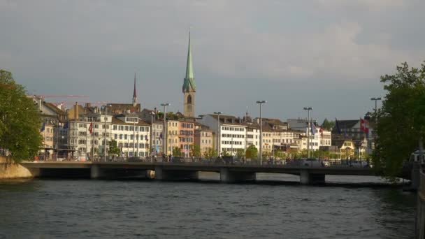 Швейцарія Сонячний Вечір Цюріх Міський Пейзаж Riverside Міст Повільному Панорама — стокове відео