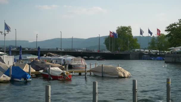 Zonnige Dag Zürich Rivier Baai Dok Boot Parkeren Slowmotion Panorama — Stockvideo