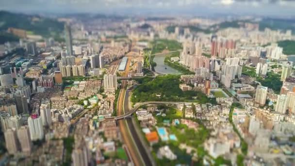 Solig Dag Shenzhen Stadsbild Hongkong Gränsen Vid Floden Antenn Panorama — Stockvideo