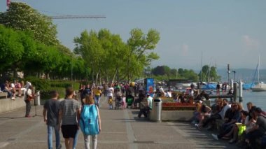 güneşli bir gün Zürih lakeside defne defne mesire ağır çekim panorama 4 k İsviçre kalabalık