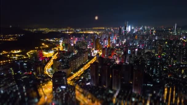 Soliga Natt Shenzhen Stadsbild Hongkong Gränsen Vid Floden Antenn Panorama — Stockvideo
