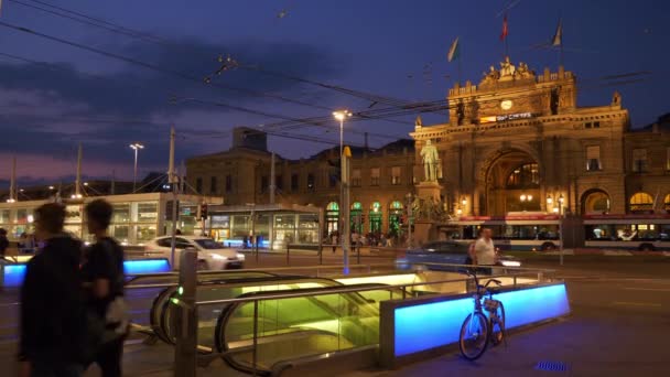 Schweiz Sonnenuntergang Illumination Zürich Stadt Hauptbahnhof Platz Panorama — Stockvideo