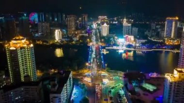 Gece aydınlatma Bay trafik yol kavşağı hava Timelapse 4k Hong Kong