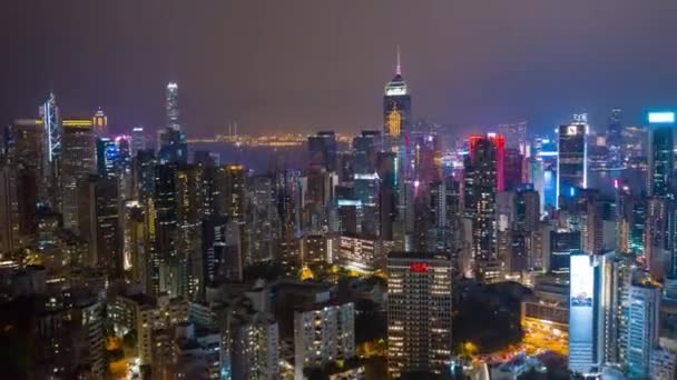 Nacht Strekt Nacht Hong Kong Toren Baai Panorama Tijd Lapse — Stockvideo