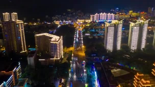 Natt Belysning Sanya Stadsbilden Trafik Gatan Antenn Panorama Timelapse Kina — Stockvideo