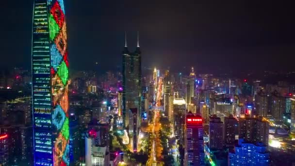 Gece Saat Aydınlatma Shenzhen Şehir Merkezinde Trafik Sokak Kavşak Üstten — Stok video