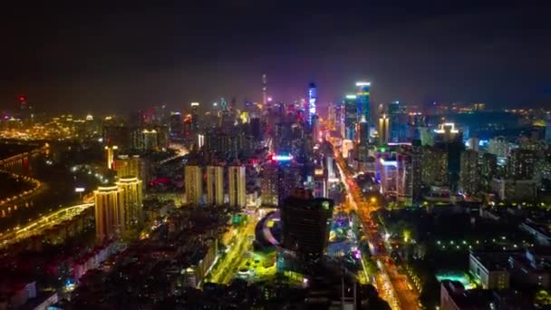 Natt Tid Belysning Shenzhen Downtown Trafik Gatan Crossroad Ovanifrån Timelapse — Stockvideo