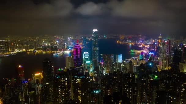 Nacht Strekt Nacht Hong Kong Toren Baai Panorama Tijd Lapse — Stockvideo