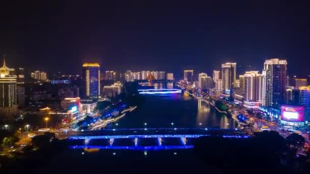 Nacht Beleuchtung Sanya Stadtbild Verkehr Straße Antenne Panorama Timelapse China — Stockvideo