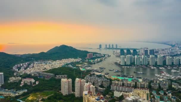 Sonnenuntergang Zeit Berühmte Sanya Bay Stadtlandschaft Luftbild Zeitraffer China — Stockvideo