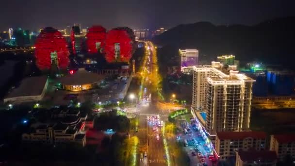 Noční Osvětlení Sanya Panoráma Provoz Pouliční Letecké Panorama Timelapse Čína — Stock video