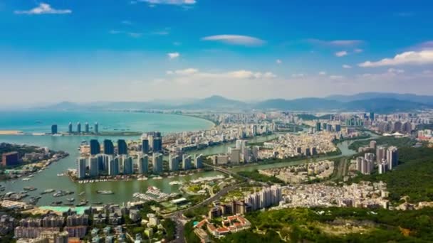 Günbatımı Zamanı Ünlü Sanya Defne Cityscape Hava Panorama Timelapse Çin — Stok video