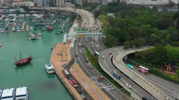 Дневное Время Bay Traffic Road Junction Aerial Hong Kong — стоковое видео