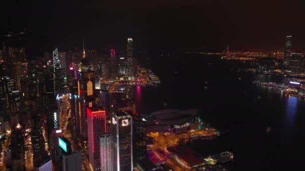 Nacht Beleuchtete Stadtlandschaft Innenstadt Luftbild Hong Kong — Stockvideo