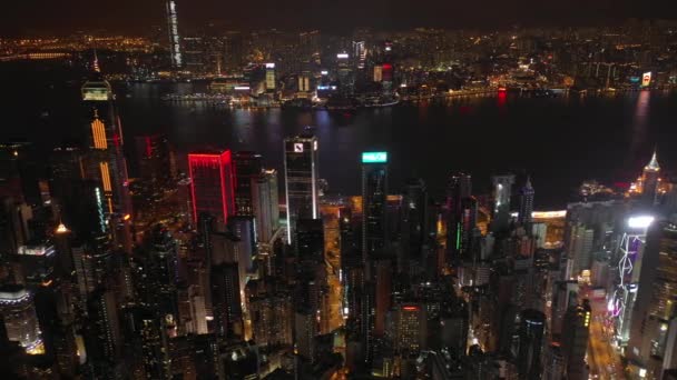 Noite Iluminado Cityscape Downtown Panorama Aéreo Hong Kong — Vídeo de Stock