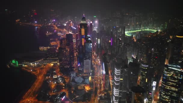 Nacht Verlichte Cityscape Centrum Luchtfoto Panorama Hongkong — Stockvideo