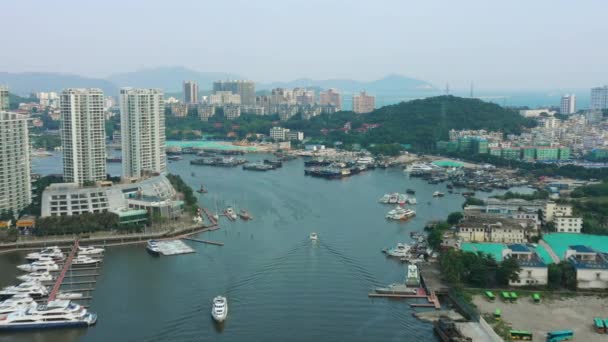 Günbatımı Zamanı Ünlü Sanya Defne Cityscape Hava Panorama Çin — Stok video