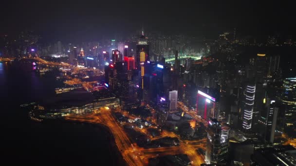 Noční Osvětlené Panorama Centra Letecké Panorama Hong Kong — Stock video