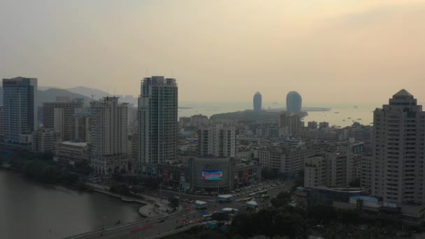 Sunset Time Famous Sanya Bay Cityscape Aerial Panorama China — Stock Video