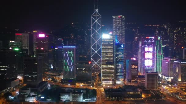 Nacht Verlichte Cityscape Centrum Luchtfoto Panorama Hongkong — Stockvideo