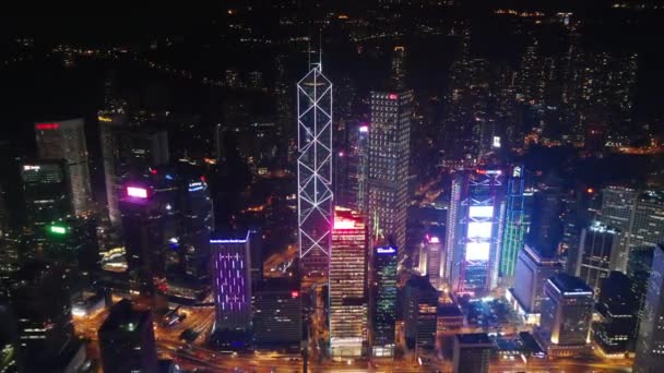 Noite Iluminado Cityscape Downtown Panorama Aéreo Hong Kong — Vídeo de Stock