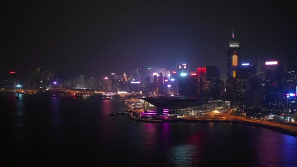 Нічний Час Міський Пейзаж Панорама Центру Міста Повітряних Гонконг — стокове відео