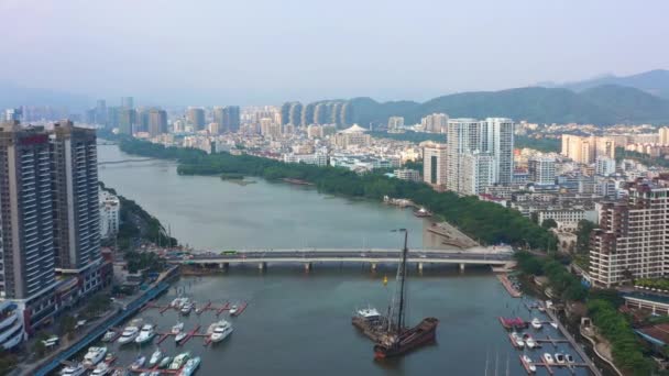 Sonnenuntergang Zeit Berühmten Sanya Bay Stadtbild Luftbild China — Stockvideo