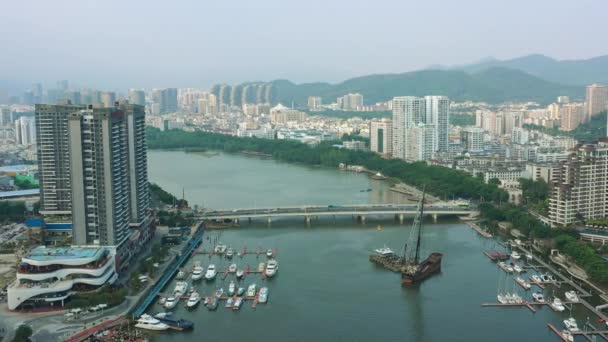 Solnedgång Tiden Berömda Sanya Bay Stadsbilden Antenn Panorama Kina — Stockvideo