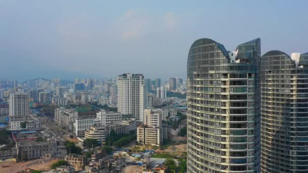 Ηλιοβασίλεμα Ώρα Διάσημο Sanya Bay Cityscape Εναέρια Πανόραμα Κίνα — Αρχείο Βίντεο