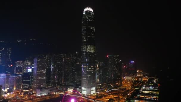 Nacht Verlichte Cityscape Centrum Luchtfoto Panorama Hongkong — Stockvideo