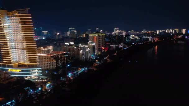 Éclairage Nocturne Sanya Paysage Urbain Circulation Rue Panorama Aérien Chine — Video