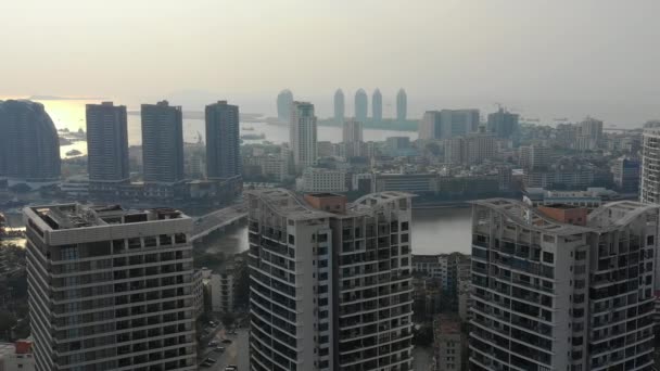 Sunset Time Famous Sanya Bay Cityscape Aerial Panorama China — Stock Video