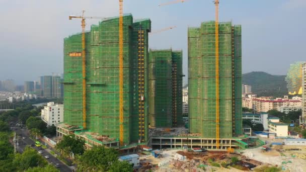 Coucher Soleil Célèbre Baie Sanya Paysage Urbain Panorama Aérien Chine — Video