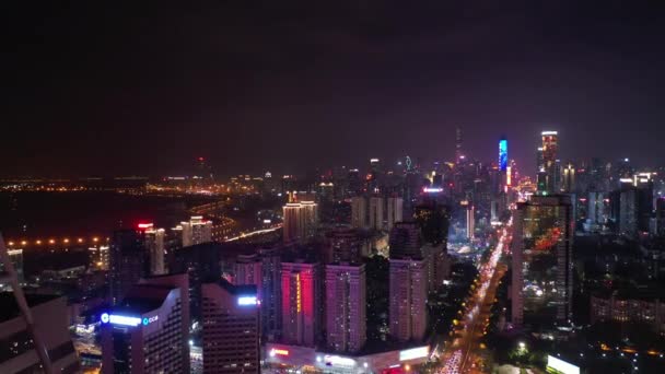 Natt Tid Belysning Shenzhen Downtown Trafik Gatan Crossroad Ovanifrån Kina — Stockvideo