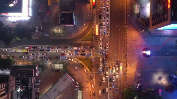 Nacht Tijd Verlichting Shenzhen Centrum Verkeer Straat Kruispunt Bovenaanzicht China — Stockvideo