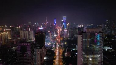 Gece saat aydınlatma shenzhen şehir merkezinde trafik sokak Kavşak üstten görünüm 4k Çin