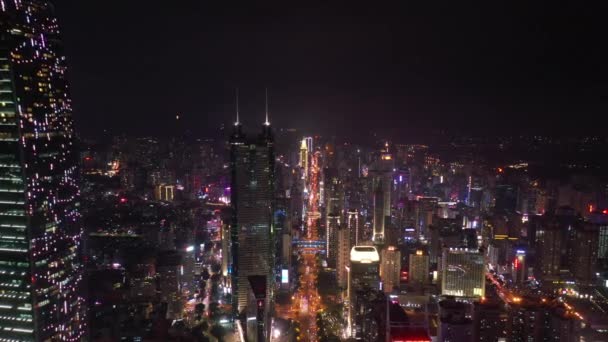 Noční Čas Osvětlení Shenzhen Centrum Dopravní Křižovatka Ulic Pohled Shora — Stock video