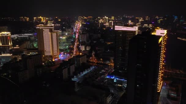 Natt Belysning Sanya Stadsbilden Trafik Gatan Antenn Panorama Kina — Stockvideo
