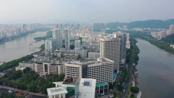 Zonsondergang Tijd Beroemde Sanya Baai Stadsgezicht Luchtfoto Panorama China — Stockvideo