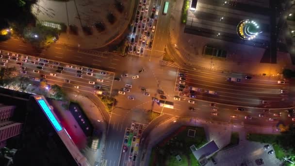 Nacht Tijd Verlichting Shenzhen Centrum Verkeer Straat Kruispunt Bovenaanzicht China — Stockvideo