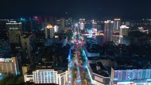 Illuminazione Notturna Sanya Paesaggio Urbano Strada Aerea Panorama China — Video Stock