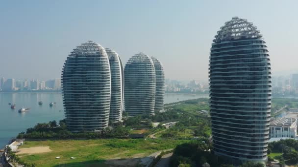 Sanya Hainan Septiembre 2018 Sanya Famosos Edificios Isla Panorama Aéreo — Vídeos de Stock