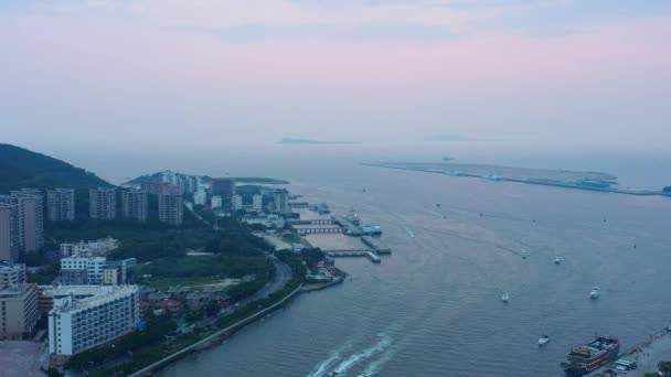 Atardecer Hora Famosa Bahía Sanya Paisaje Aéreo Panorama China — Vídeo de stock