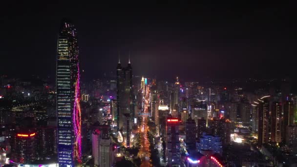 Noc Czas Oświetlenia Shenzhen Downtown Ruchu Skrzyżowanie Ulicy Widok Góry — Wideo stockowe