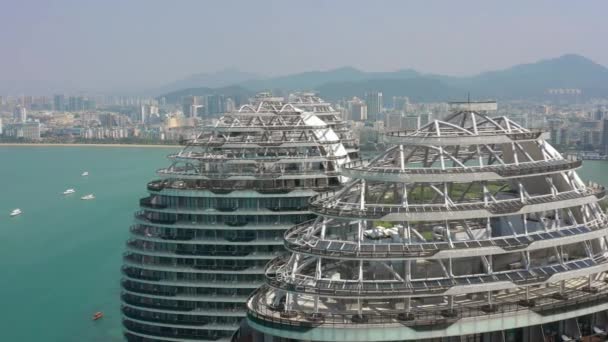 Sunset Time Famous Sanya Bay Cityscape Aerial Panorama China — Stock Video