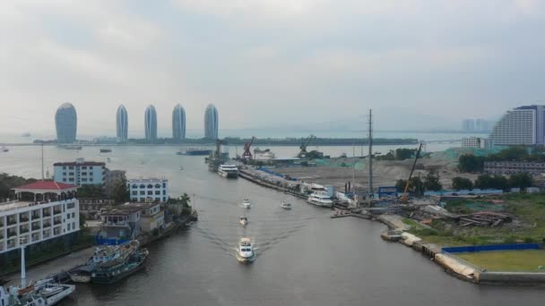 Zonsondergang Tijd Beroemde Sanya Baai Stadsgezicht Luchtfoto Panorama China — Stockvideo