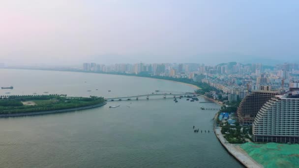 Čas Západu Slunce Hainan Ostrov Sanya Bay Hotel Komplexní Most — Stock video