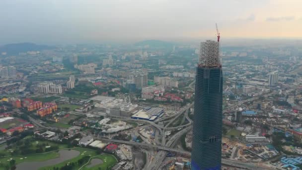 Sunset Sky Kuala Lumpur Downtown Megatall Construction Aerial Panorama Timelapse — Stock Video