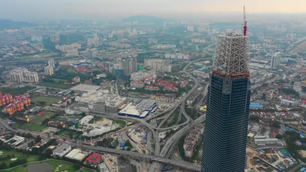 Sunset Time Kuala Lumpur Downtown Megatall Construction Aerial Panorama Timelapse — Stock Video