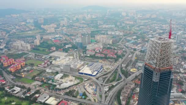 Evening Kuala Lumpur Downtown Megatall Construction Traffic Road Aerial Panorama — Stock Video